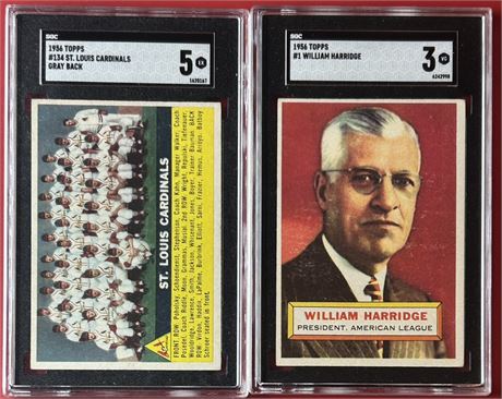 1956 Topps SGC Graded Lot (2) w/ Harridge 3 VG & Cardinals Team Card 5 EX