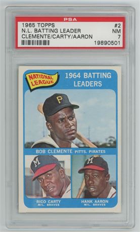 1965 Topps #2 N.L. Batting Leaders Clemente/Aaron PSA 7 NM
