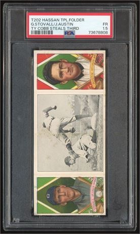 1912 T202 Hassan Triple Folder Stovall/Austin Ty Cobb Steals Third PSA 1.5 FAIR