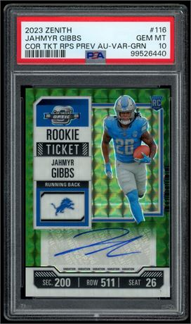 2023 Panini Optic Contenders Jahmyr Gibbs RC 3/23 Auto Variation Green PSA 10
