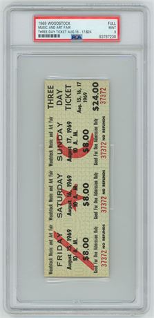 1969 1st Woodstock Music and Art Fair Three Day Full Ticket Aug 15-17/$24 PSA 9
