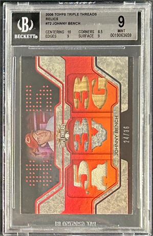 2008 Topps Triple Threads Relics Johnny Bench Game-Used Relic 24/36 BGS 9 MINT