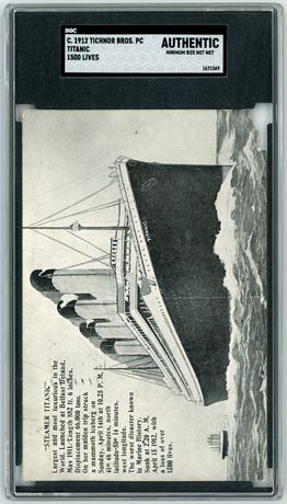 1912 Tichnor Bros PC Titanic Text In Corner 1500 Lives SGC Authentic (Mini Size)