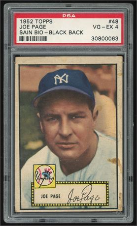 1952 Topps #48 Joe Page Error (Sain Bio) Black Back PSA 4 VGEX
