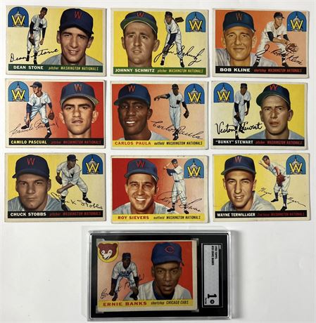1955 Topps Baseball Lot (10) w/ Ernie Banks SGC 1, VG Avg READ