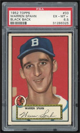 1952 Topps #33 Warren Spahn Black Back PSA 6.5 EXMT+ Well Centered Beauty!