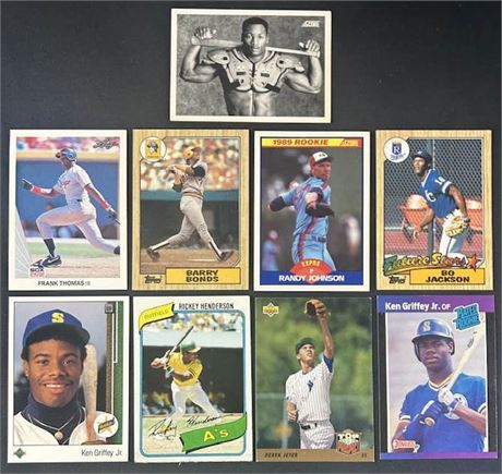 1980-1993 Baseball HOF/Star Rookie Lot (9) w/ Henderson, Griffey, Bonds, and Bo