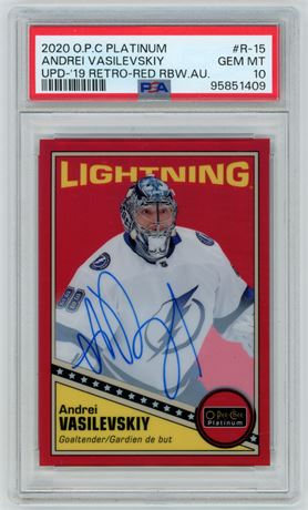 2020 O-Pee-Chee Platinum Andrei Vasilevskiy Update '19 Retro Red RBW Auto PSA 10