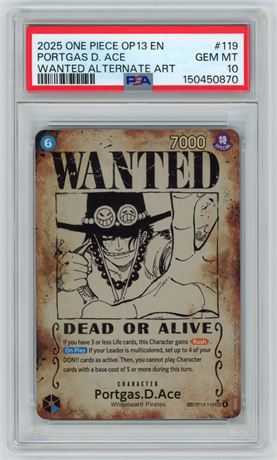 2025 One Piece OP13 EN #119 Portgas D Ace Wanted Alternate Art PSA 10 GEM MINT