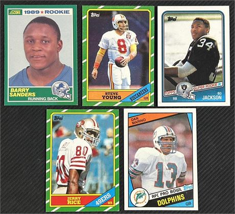 1986-1989 NFL Rookies Lot (5) w/ Rice, Sanders, Jackson, Marino, and Young