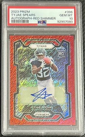 2023 Prizm #396 Tyjae Spears RC Red Shimmer Autograph 11/35 PSA 10 GEM MINT
