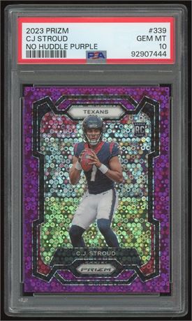 2023 Panini Prizm #339 CJ Stroud RC No Huddle Purple 34/35 PSA 10 GEM MINT