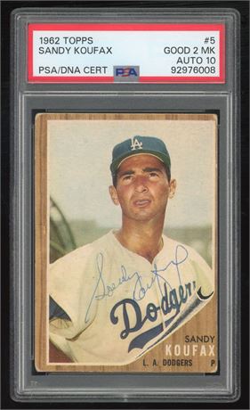 1962 Topps #5 Sandy Koufax Auto PSA 2(MK) Auto 10
