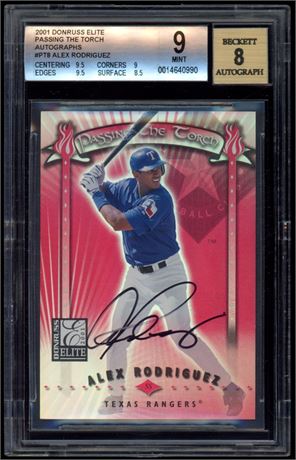 2001 Donruss Elite Alex Rodriguez Passing The Torch Auto 060/100 BGS 9 Auto 8