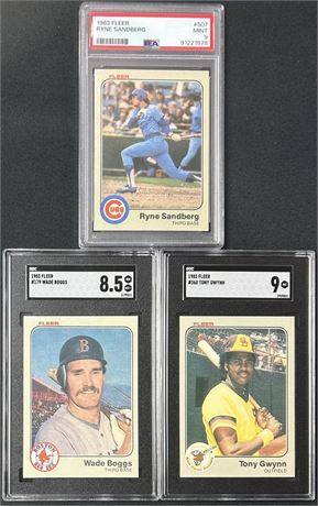 1983 Fleer HOF Graded RC Lot (3) Gwynn 9, Sandberg 9, Boggs 8.5