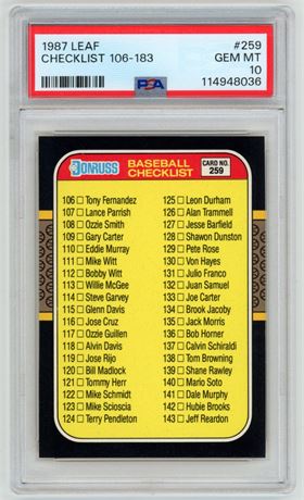 1987 Leaf #259 Checklist 106-183 PSA 10 GEM MINT