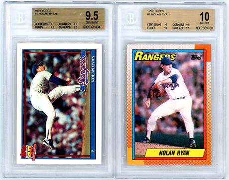 1990-1991 Topps BGS 9.5 GEM MINT to 10 PRISTINE Nolan Ryan Lot (2)