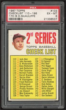 1967 Topps #103a Checklist Mickey Mantle PSA 6 EXMT
