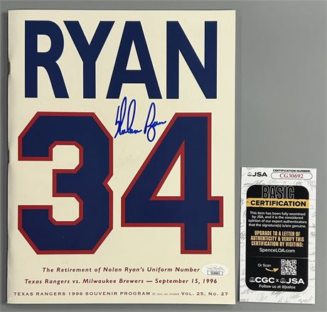 Nolan Ryan Signed Program from Rangers Jersey # Retirement 9/15/1996 JSA