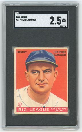 1933 Goudey #187 Heinie Manush RC SGC 2.5 GOOD