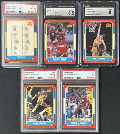 1986 Fleer Basketball Graded Lot (5) w/ Magic Johnson PSA 6 & Olajuwon RC PSA 3