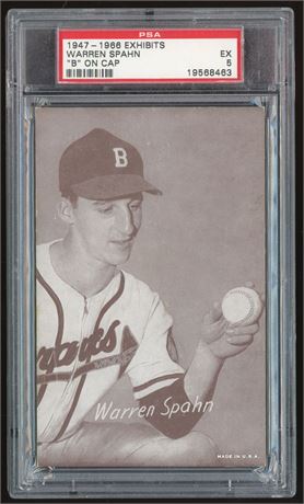 1947-1966 Exhibits Warren Spahn "B" On Cap PSA 5 EX