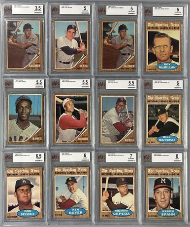 1962 Topps BVG Graded Lot (12) VG+ to NMMT Mostly Stars w/ Banks, Berra, Musial