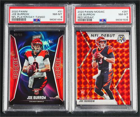 2020 Panini PSA 8 NMMT Graded Lot (2) w/ Joe Burrow RCs Red Mosaic, and Numbered