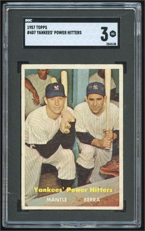 1957 Topps #407 Yankees' Power Hitters Mickey Mantle Yogi Berra SGC 3 VG
