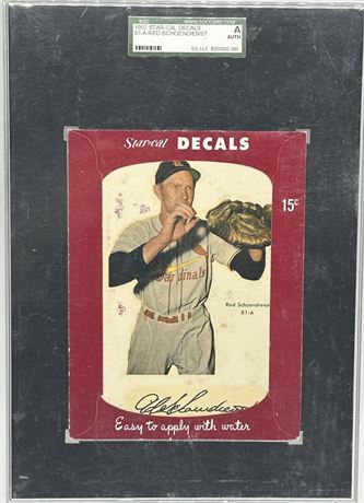 1952 Star-Cal Decals #84-A Red Schoendienst SGC Authentic Only SGC Graded