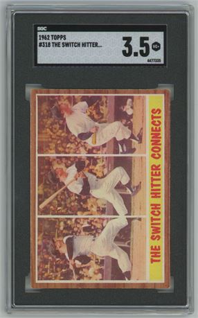 1962 Topps #318 The Switch Hitter Connects Mickey Mantle SGC 3.5 VG+
