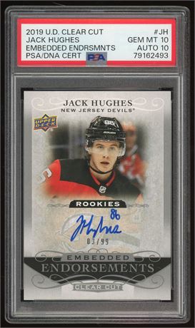 2019 UD Clear Cut Jack Hughes Embedded Endorsements 3/99 PSA 10 Auto 10
