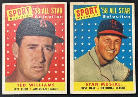 (2) 1958 Topps All Star Lot w/ Ted Williams & Stan Musial Low Grade (Scratches)