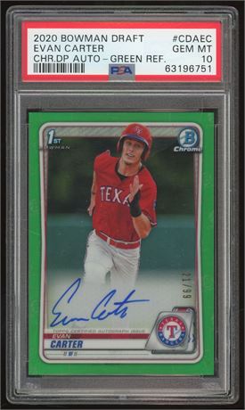 2020 1st Bowman Draft Evan Carter RC 21/99 Auto Green Refractor PSA 10 GEM MINT