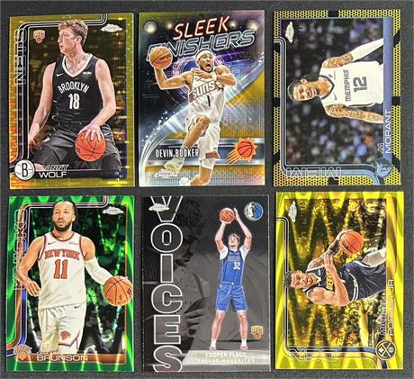2025 Topps Chrome Basketball Lot (6) w/ Brunson Green /99, Booker /50, Wolf /50