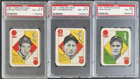 1951 Topps Red Back PSA 8 Graded Lot (3) w/ Bauer, Terwilliger, and Scarborough