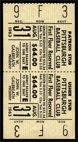 1963 Pittsburgh Pirates Vs. Cincinnati Reds Full Ticket ~ Pete Rose Rookie Year
