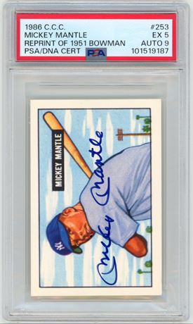 1986 CCC #253 Mickey Mantle Reprint of 1951 Bowman RC PSA 5 Auto 9