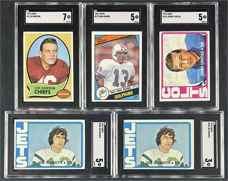 1970-1984 Topps Football SGC Graded Lot (5) w/ Namath, Unitas, Dawson, & Marino