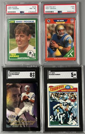 1977-98 PSA/SGC Graded NFL Superstar / RC QB Lot (4) w/ Staubach/Aikman/Manning