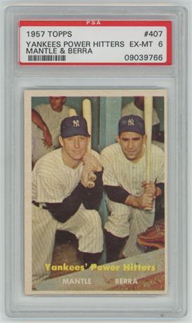 1957 Topps #407 Yankees Power Hitters Mantle & Berra PSA 6 EXMT