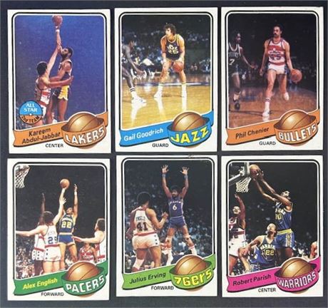 1979 Topps Basketball Raw Lot (6) w/ Kareem, Erving, and Parish