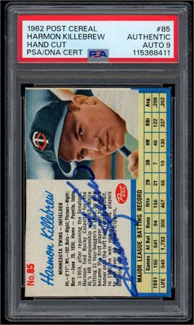 1962 Post Cereal #85 Harmon Killebrew Hand Cut PSA/DNA Authentic Auto 9