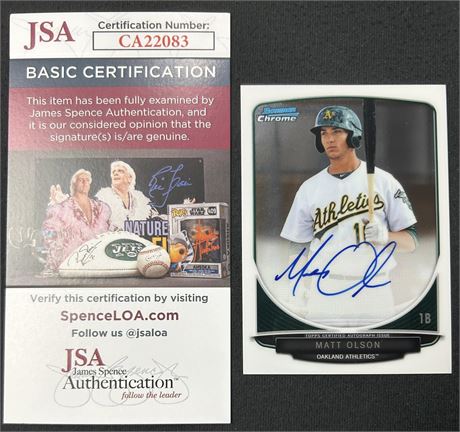 2013 Bowman Chrome Prospects Matt Olson RC On-Card Auto JSA