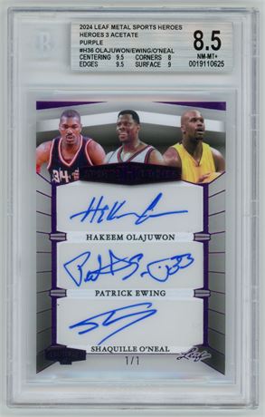 2024 Leaf Metal Sports Heroes Olajuwon/Ewing/O'Neal Purple 1/1 BGS 8.5 NMMT+