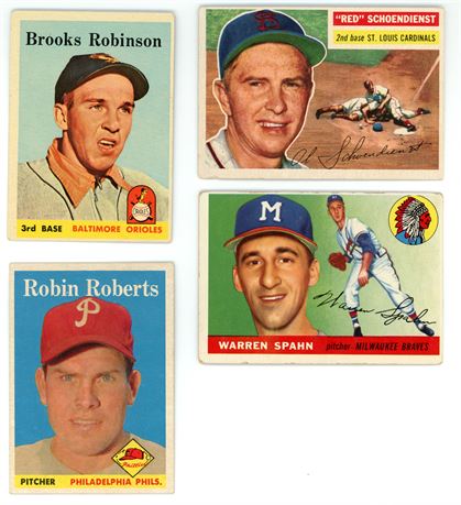 1956-1958 Topps Baseball HOF Lot (4) with Spahn, Roberts & Robinson VG+ AVG