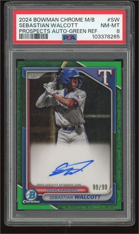 2024 Bowman Chrome M/B Prospects Auto Sebastian Walcott Green Ref 99/99 PSA 8