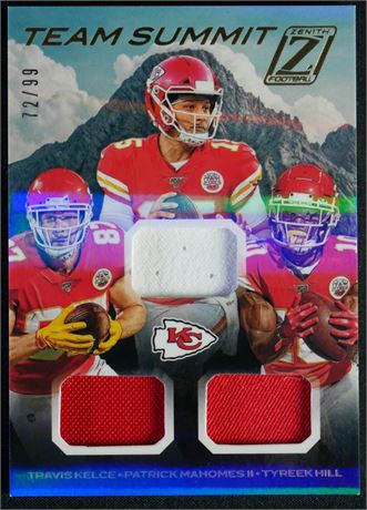 2020 Panini Zenith 72/99 Mahomes, Kelce, and Hill Team Summit Triple Patch