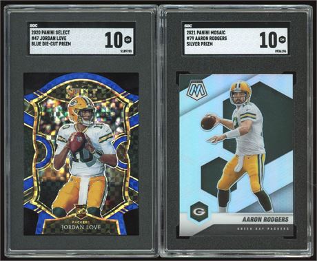 2020-21 Packers QB SGC 10 Graded Lot (2) w/ Rodgers, Love Blue Die-Cut RC