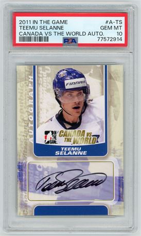 2011 In The Game Teemu Selanne Canada Vs The World Auto PSA 10 GEM MINT